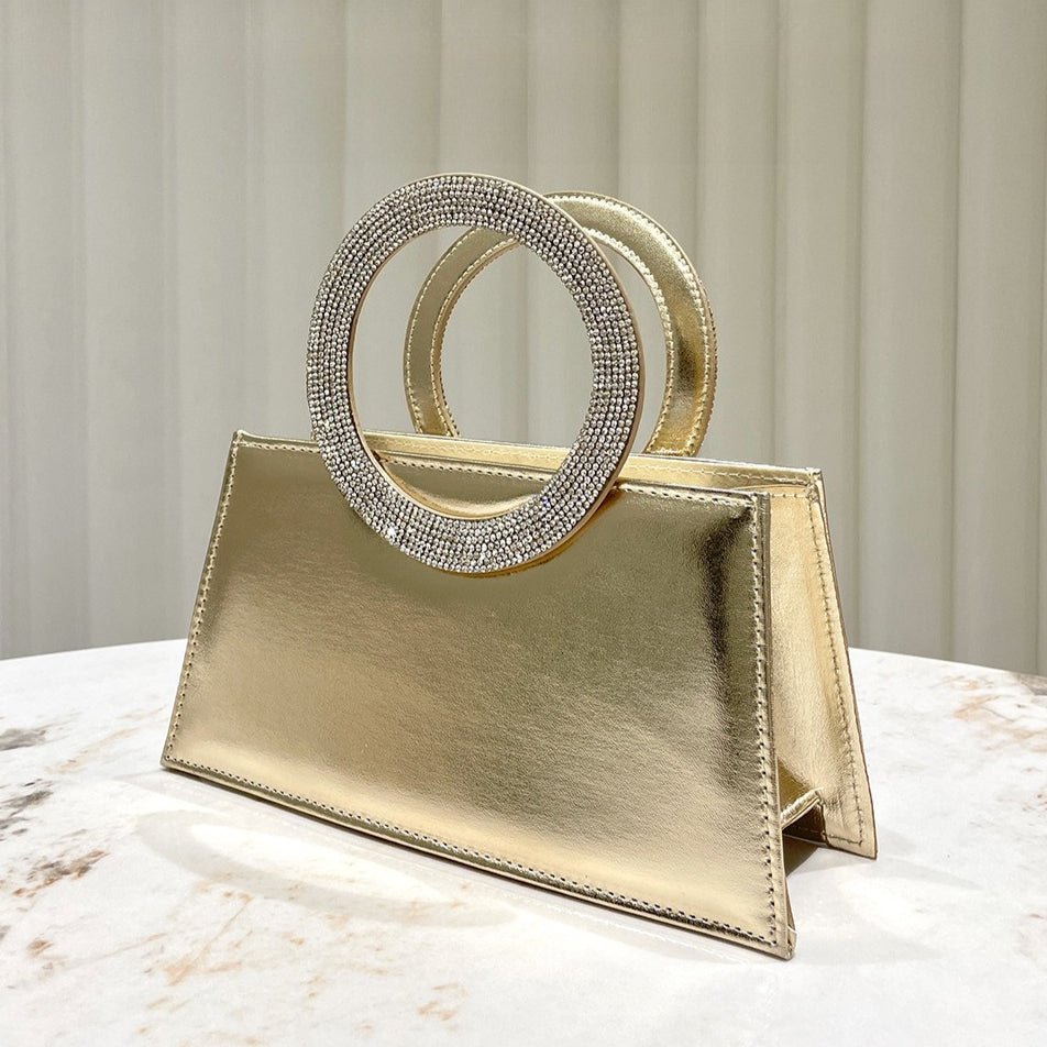 Gold Reflective Evening Clutch with Diamond - Studded Circular Handle (MAC294) - Mariam's Collection