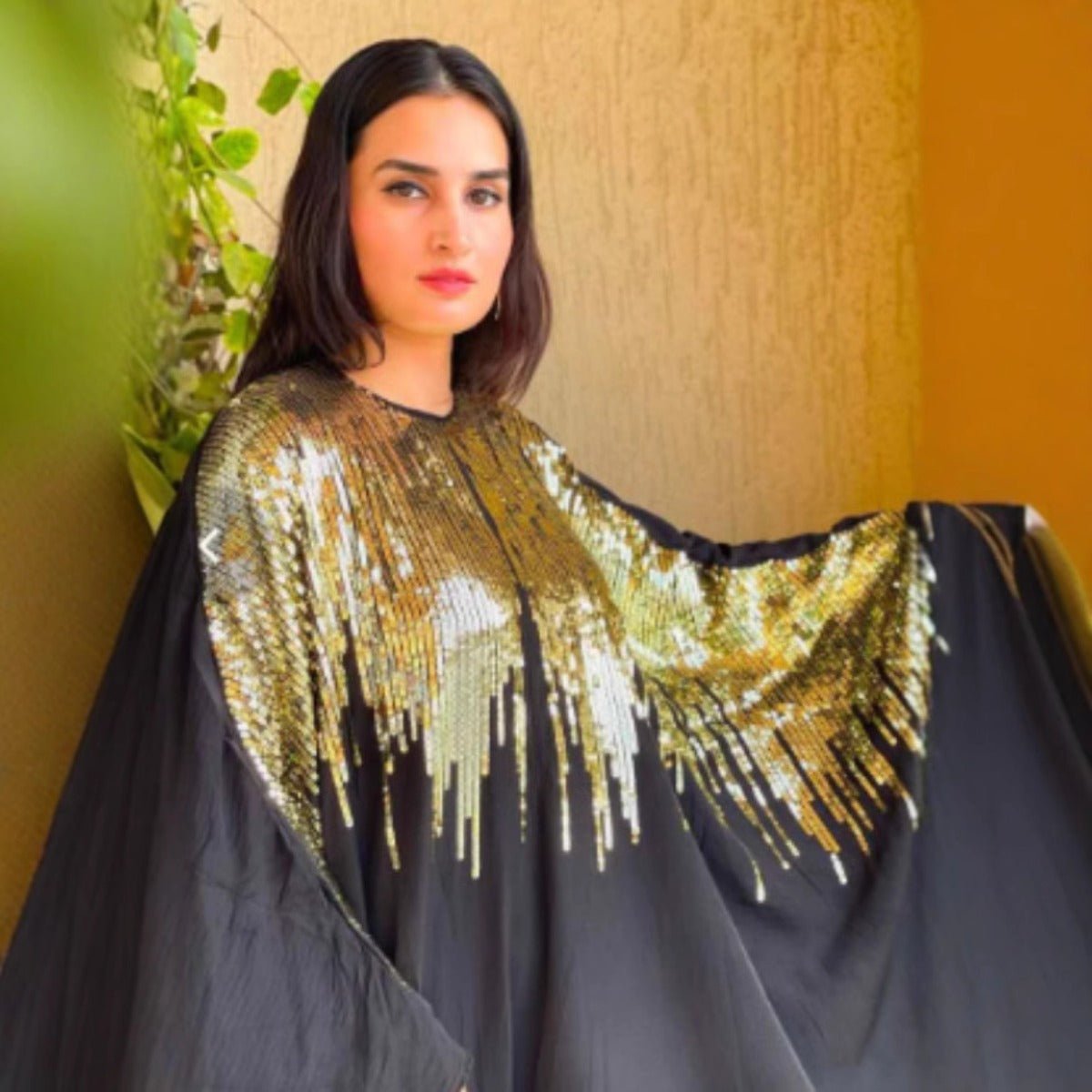 Golden Fringe Evening Abaya | Black Maxi Dress with Beaded Tassel Details. (MA239) - Mariam's Collection