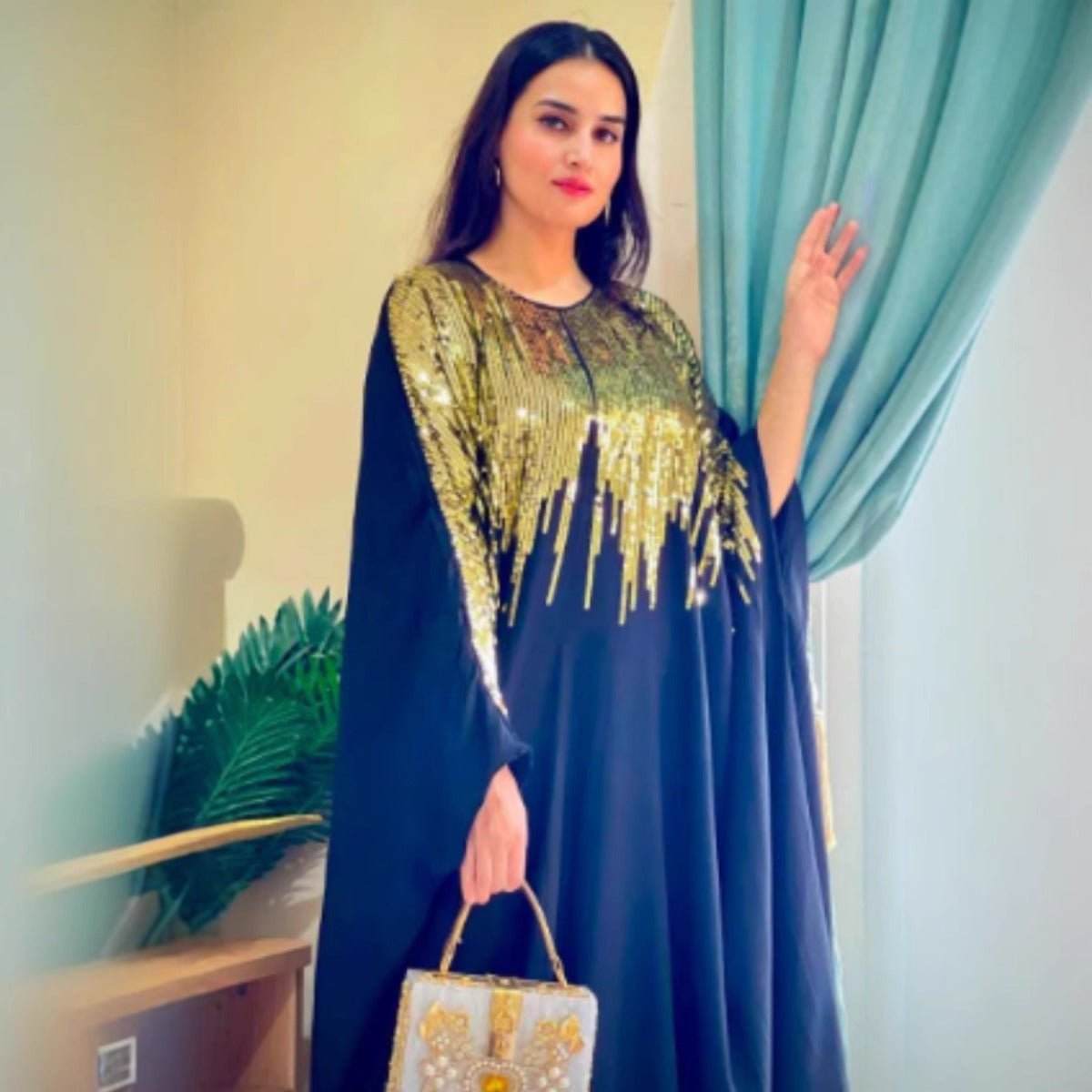 Golden Fringe Evening Abaya | Black Maxi Dress with Beaded Tassel Details. (MA239) - Mariam's Collection