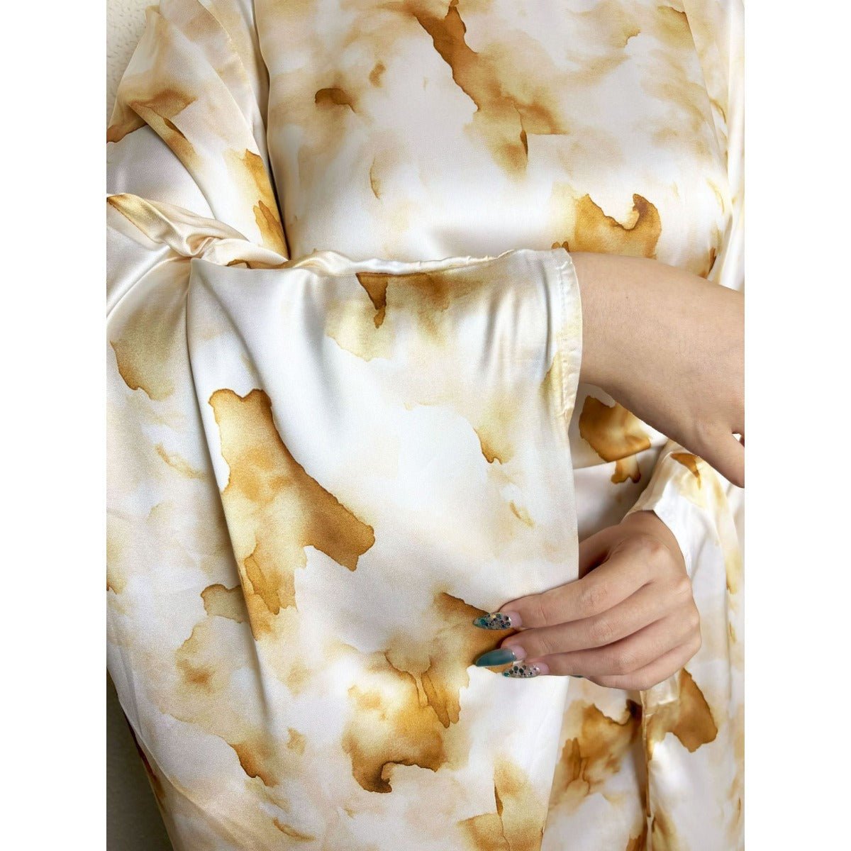 Golden Marble Print Satin Dress | Bell Sleeve Maxi with Adjustable Drawstring Waist. (MA244) - Mariam's Collection