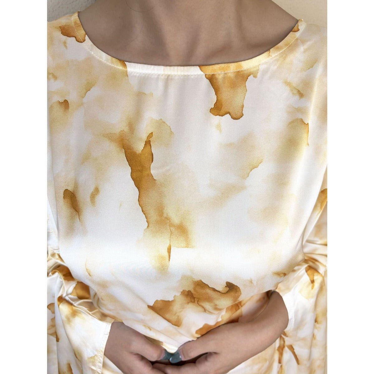 Golden Marble Print Satin Dress | Bell Sleeve Maxi with Adjustable Drawstring Waist. (MA244) - Mariam's Collection