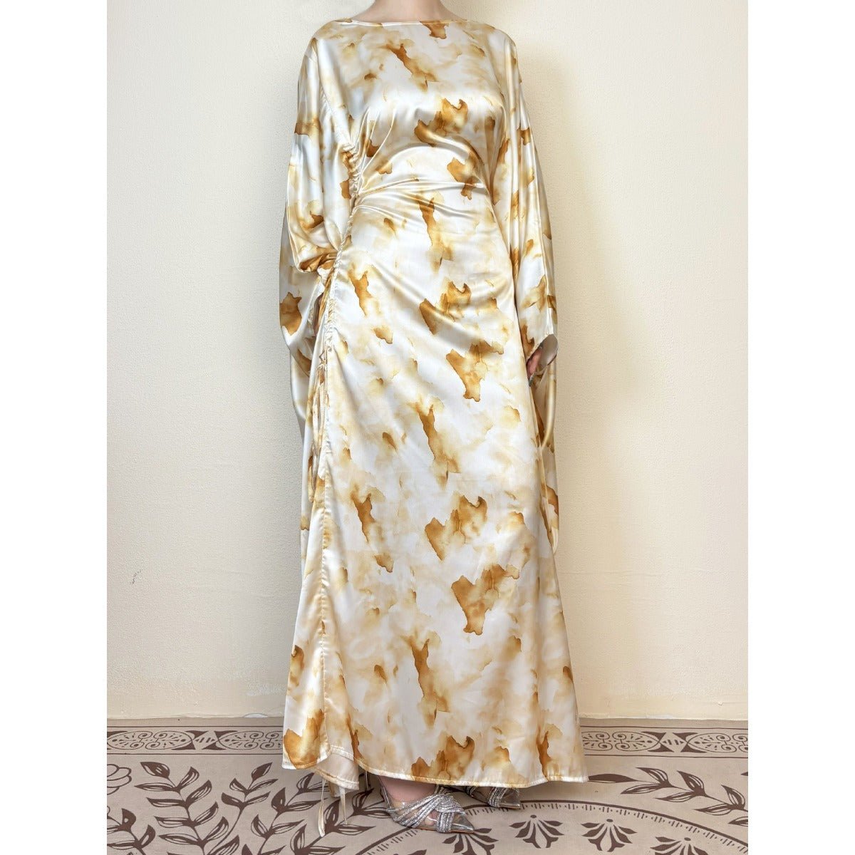 Golden Marble Print Satin Dress | Bell Sleeve Maxi with Adjustable Drawstring Waist. (MA244) - Mariam's Collection