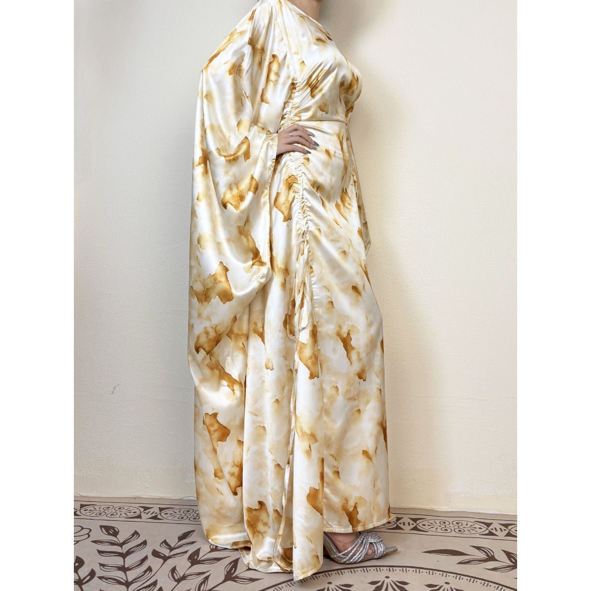 Golden Marble Print Satin Dress | Bell Sleeve Maxi with Adjustable Drawstring Waist. (MA244) - Mariam's Collection