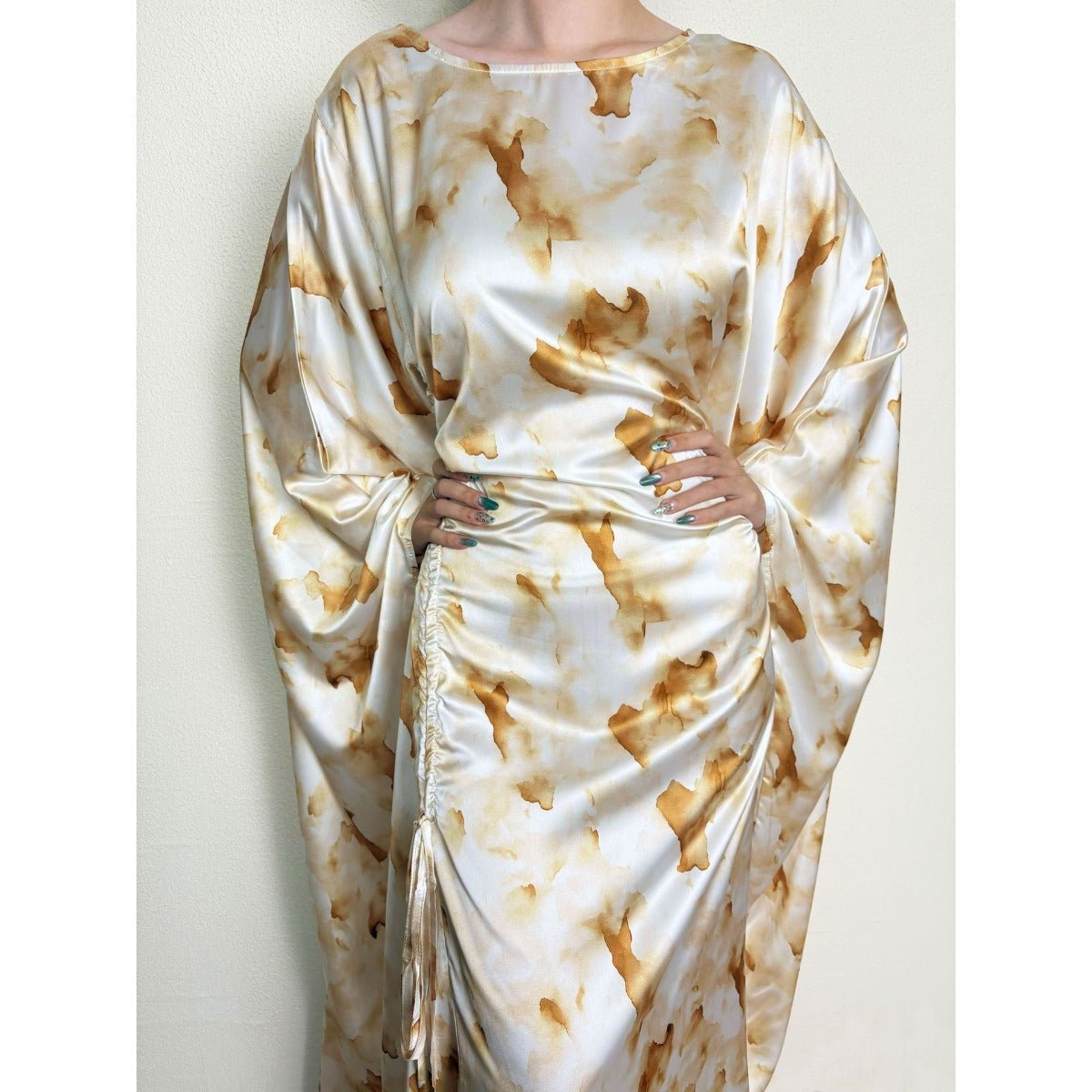Golden Marble Print Satin Dress | Bell Sleeve Maxi with Adjustable Drawstring Waist. (MA244) - Mariam's Collection