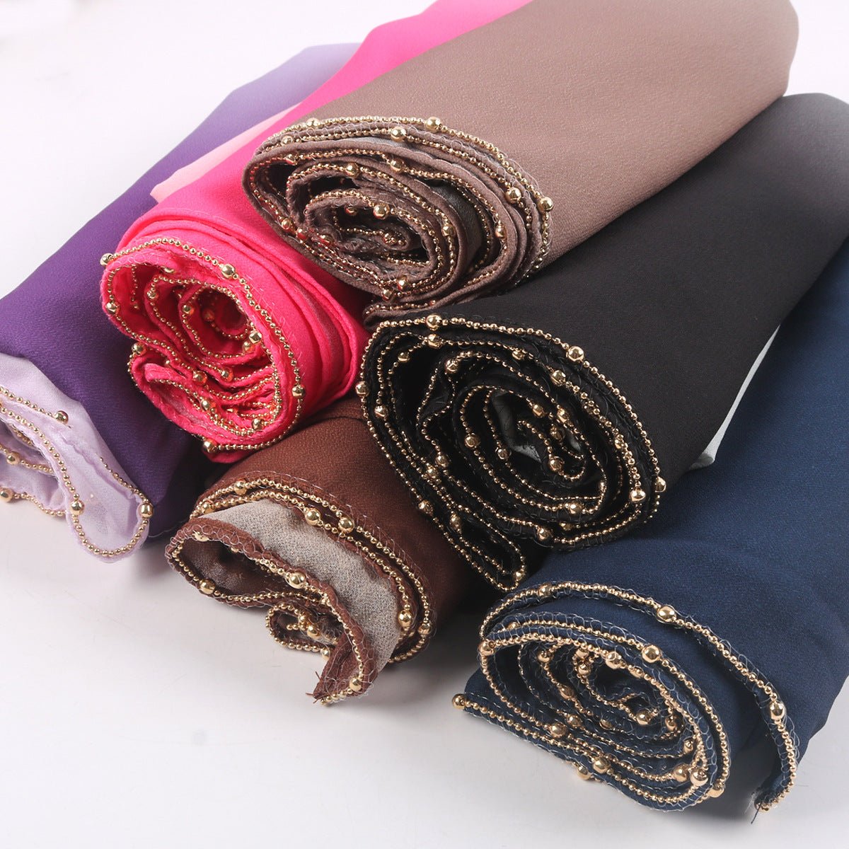 Gradient Colour Pearl Chiffon Beaded Chain Hijab (MH137) - Mariam's Collection