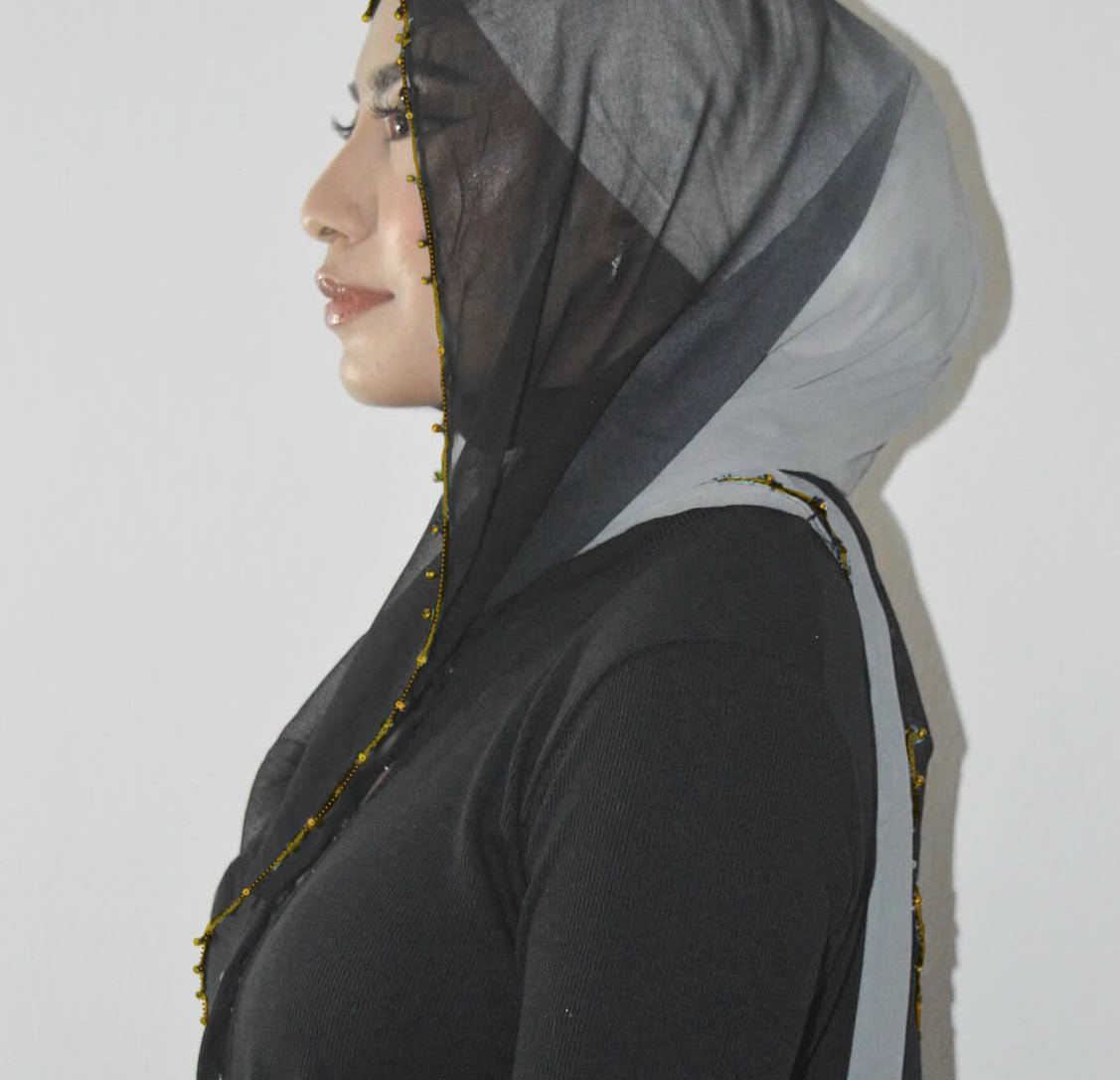 Gradient Colour Pearl Chiffon Beaded Chain Hijab (MH137) - Mariam's Collection