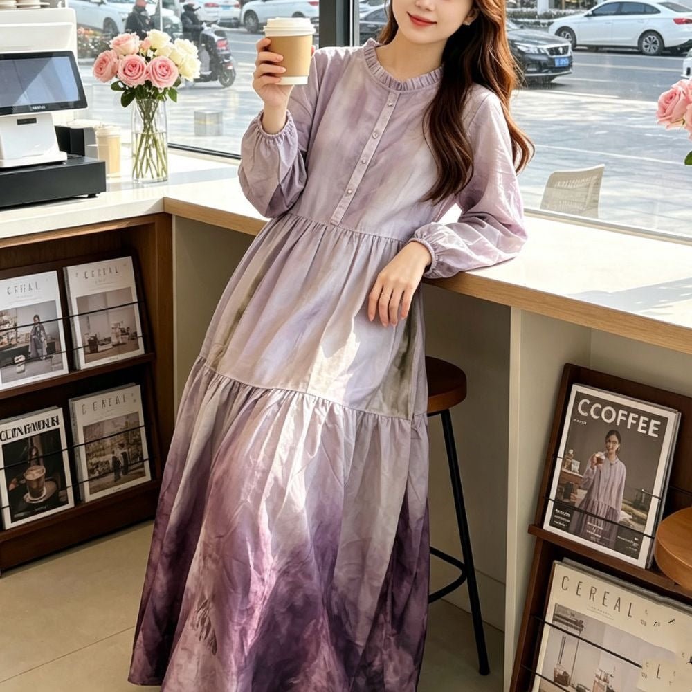 Gradient Tie-Dye Maxi Dress – Loose Ruffle Maxi Dress