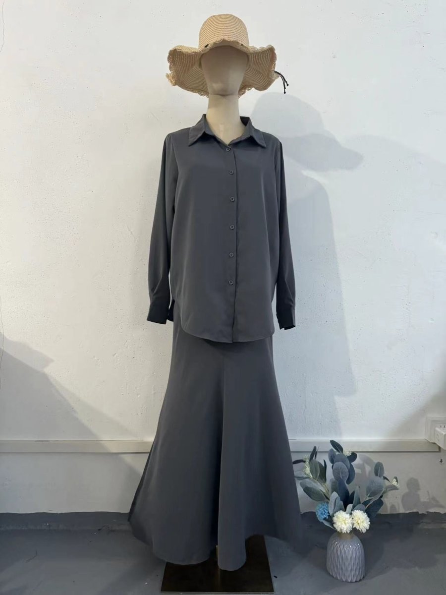 Grey Loose Long Sleeve Shirt & Elastic Waist Fish Tail Skirt Outfit Casual Two - Piece Set.(MA207) - Mariam's Collection