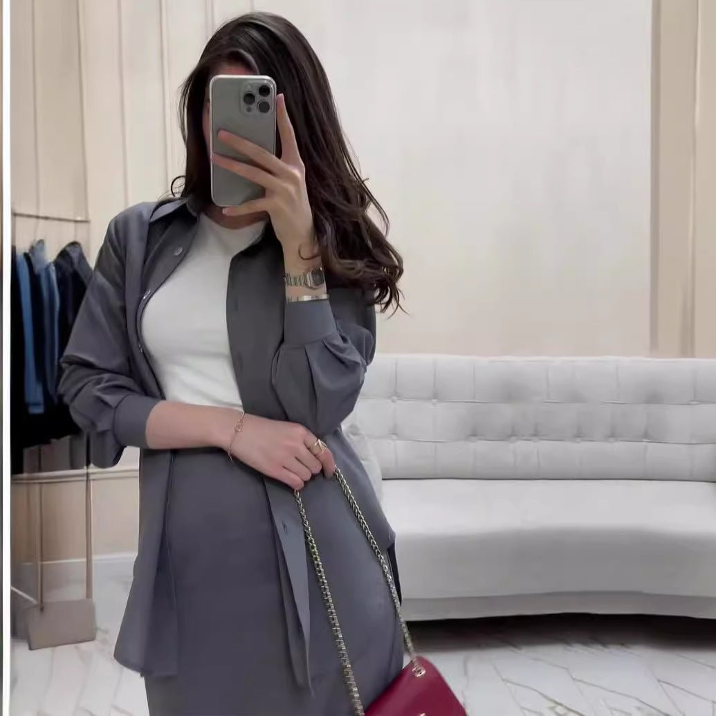 Grey Loose Long Sleeve Shirt & Elastic Waist Fish Tail Skirt Outfit Casual Two - Piece Set.(MA207) - Mariam's Collection