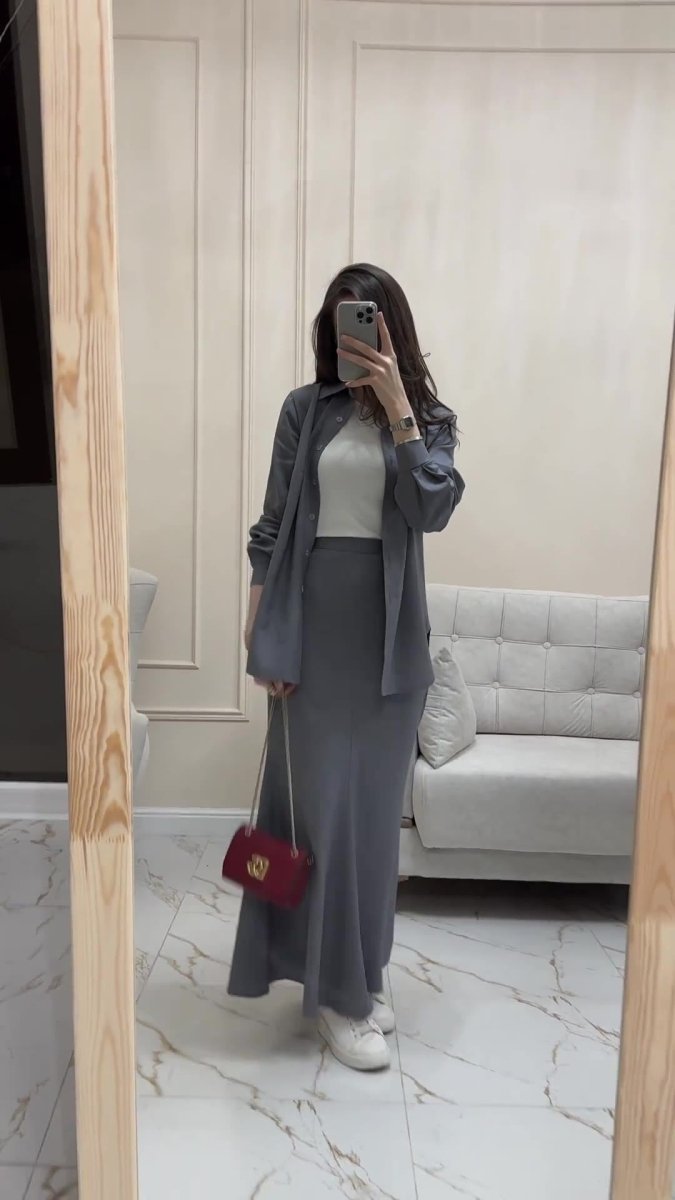 Grey Loose Long Sleeve Shirt & Elastic Waist Fish Tail Skirt Outfit Casual Two - Piece Set.(MA207) - Mariam's Collection