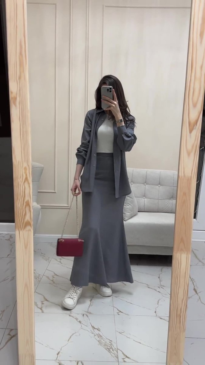 Grey Loose Long Sleeve Shirt & Elastic Waist Fish Tail Skirt Outfit Casual Two - Piece Set.(MA207) - Mariam's Collection