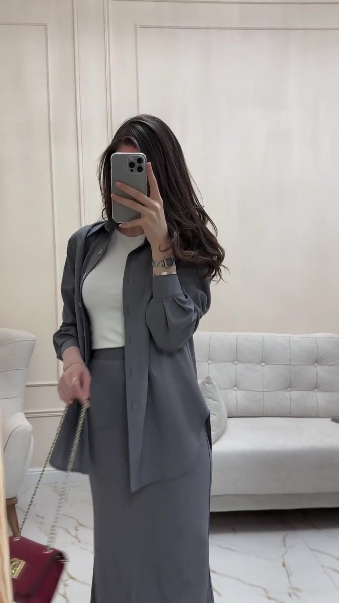 Grey Loose Long Sleeve Shirt & Elastic Waist Fish Tail Skirt Outfit Casual Two - Piece Set.(MA207) - Mariam's Collection