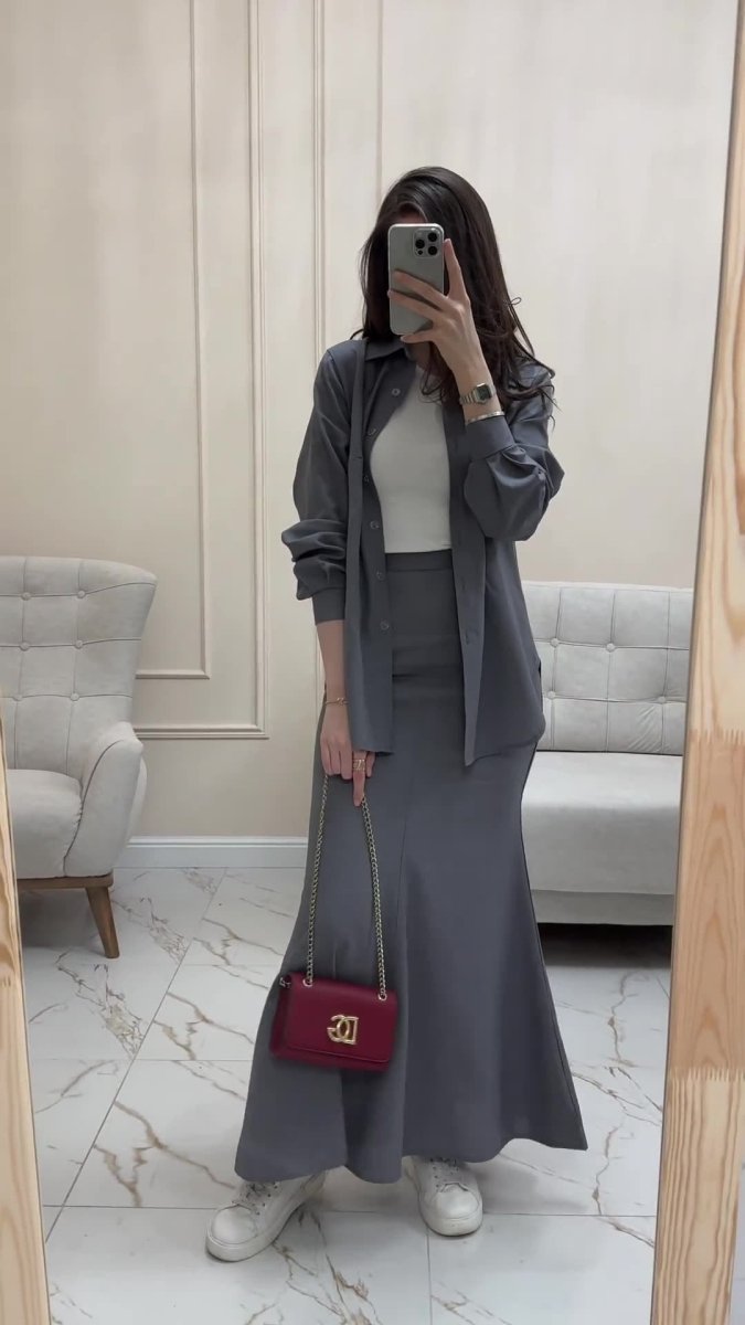Grey Loose Long Sleeve Shirt & Elastic Waist Fish Tail Skirt Outfit Casual Two - Piece Set.(MA207) - Mariam's Collection