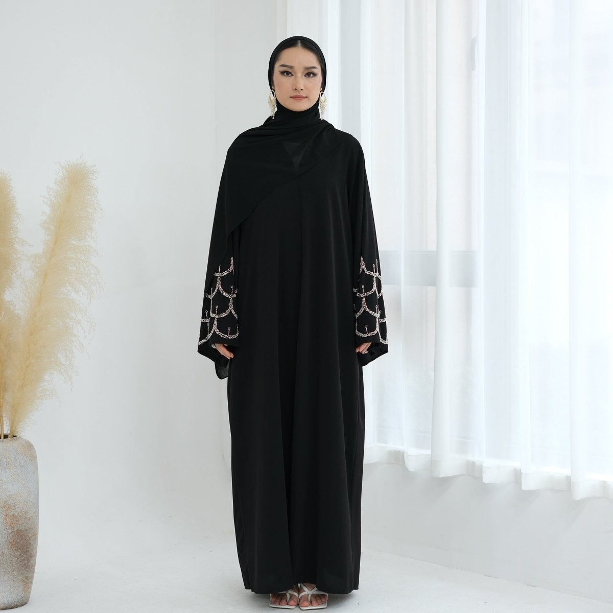 Hand - Beaded Abaya with Hijab | Scallop Pattern Embellished Cardigan (MOA249) - Mariam's Collection