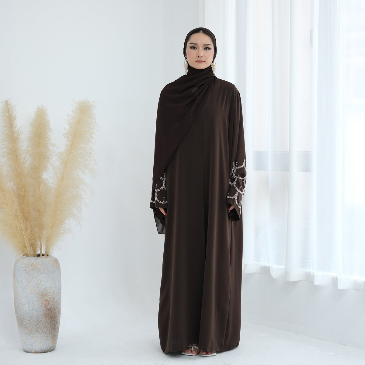 Hand - Beaded Abaya with Hijab | Scallop Pattern Embellished Cardigan (MOA249) - Mariam's Collection
