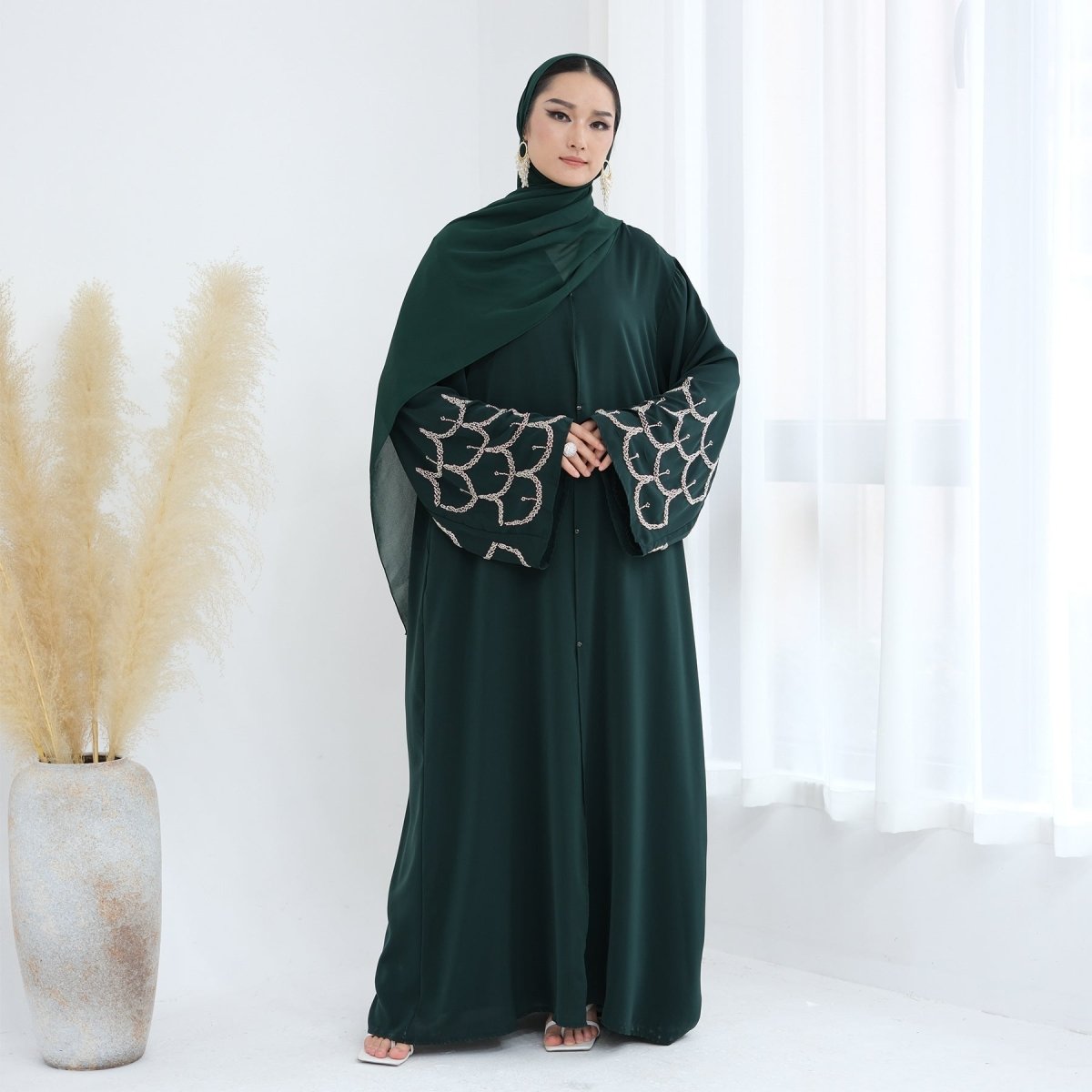 Hand - Beaded Abaya with Hijab | Scallop Pattern Embellished Cardigan (MOA249) - Mariam's Collection