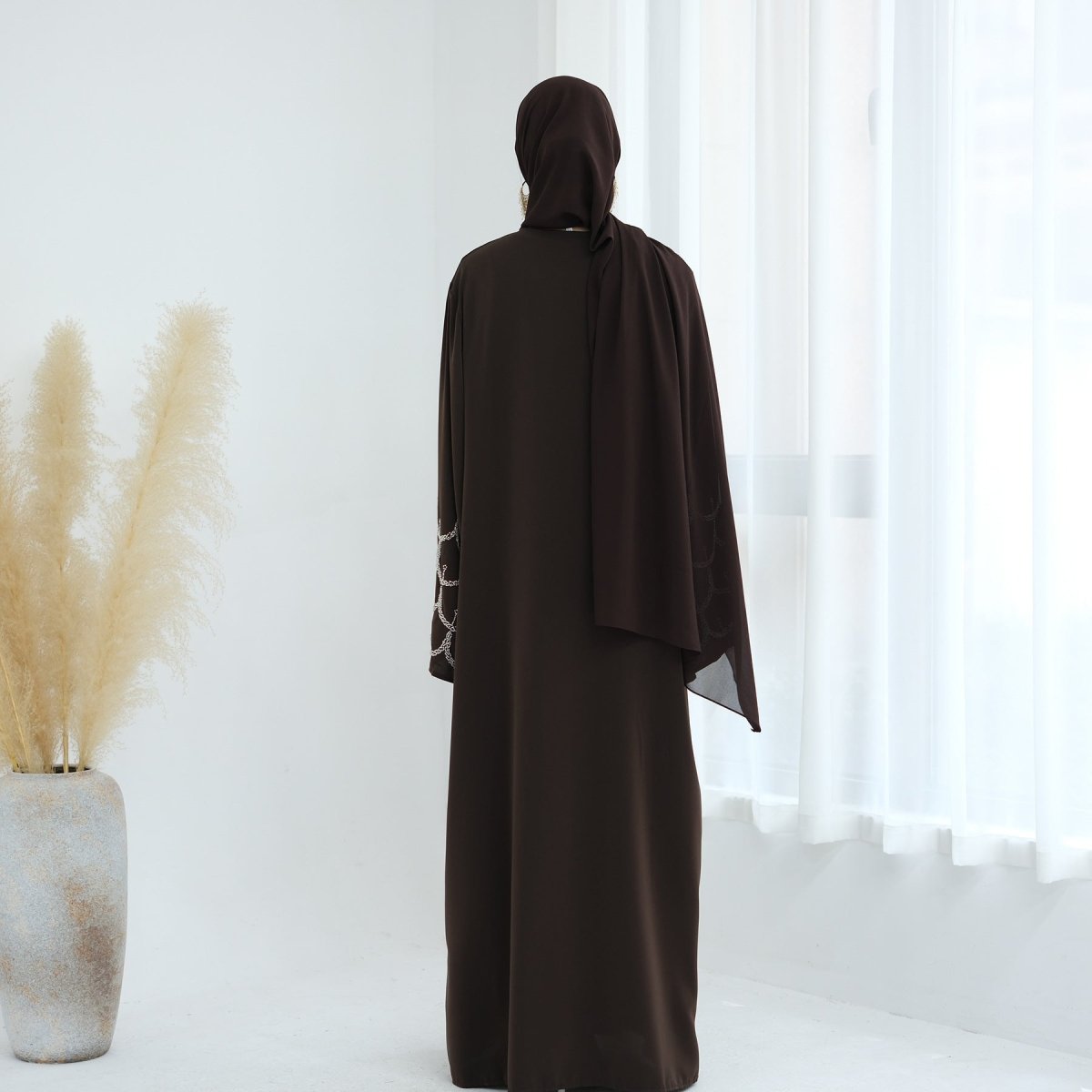 Hand - Beaded Abaya with Hijab | Scallop Pattern Embellished Cardigan (MOA249) - Mariam's Collection