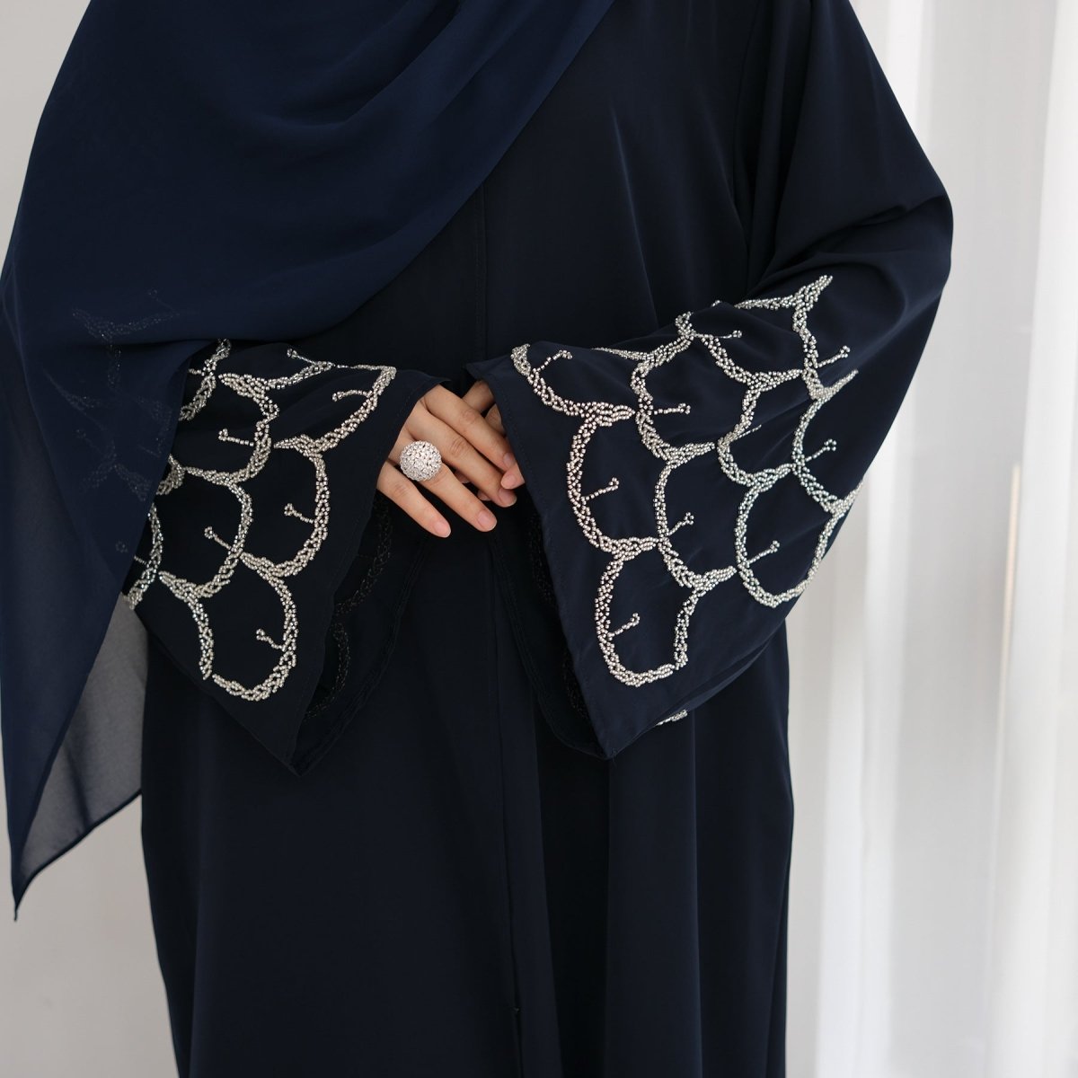 Hand - Beaded Abaya with Hijab | Scallop Pattern Embellished Cardigan (MOA249) - Mariam's Collection