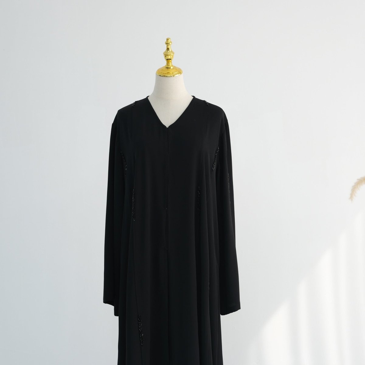 Hand-Beaded Linen Open Abaya(MOA320) - Mariam's Collection