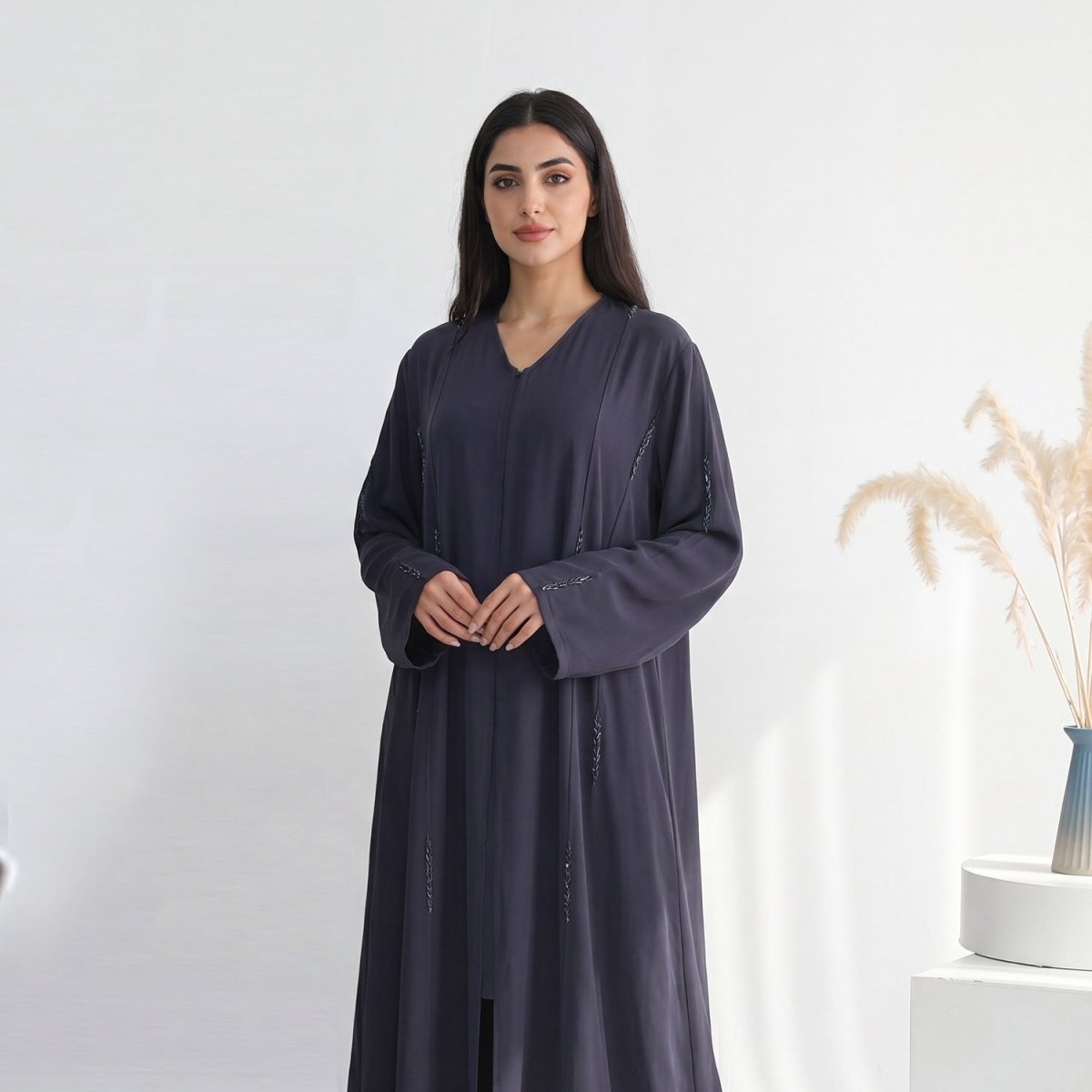 Hand-Beaded Linen Open Abaya(MOA320) - Mariam's Collection