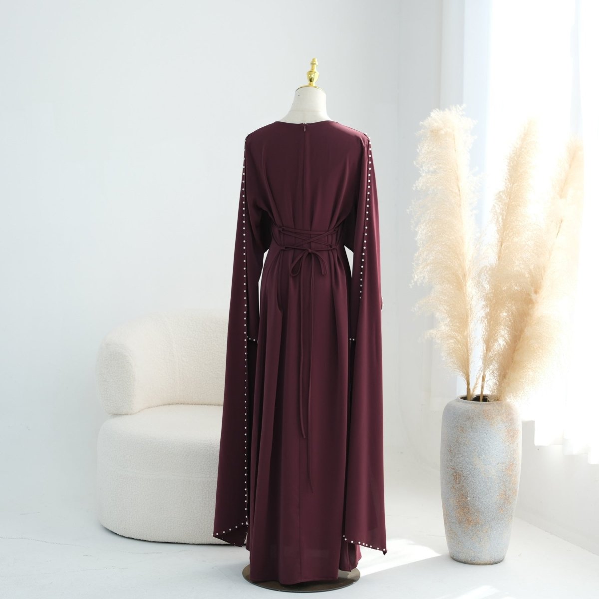 Hand-Beaded Pearl Cape Sleeve Nida Maxi Dress(MS439) - Mariam's Collection