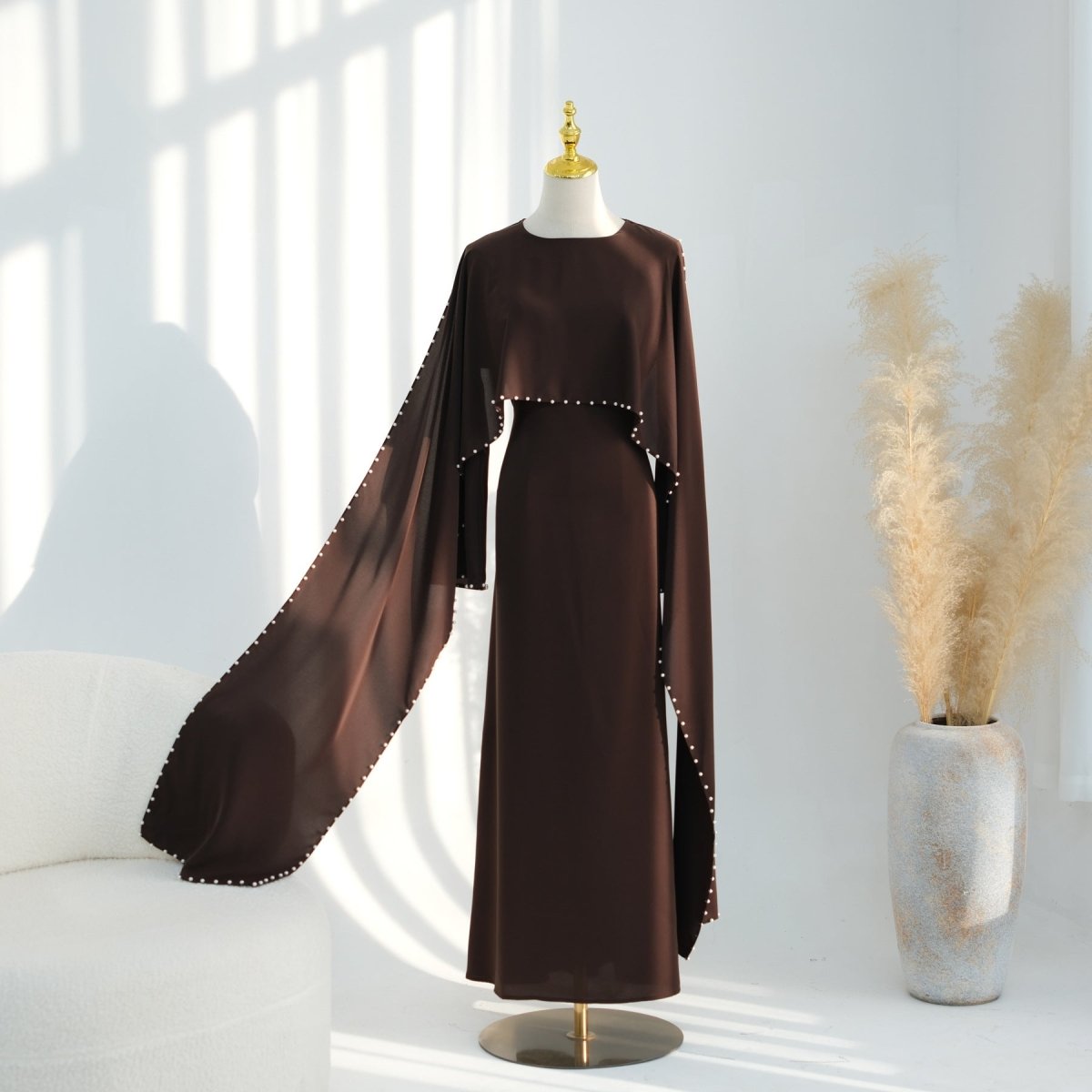 Hand-Beaded Pearl Cape Sleeve Nida Maxi Dress(MS439) - Mariam's Collection