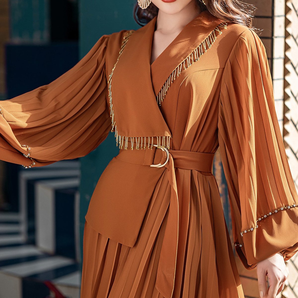 Hand - Beaded V - Neck Pleated Maxi Dress | Bubble Sleeve Crystal Embellished Gown(MS212) - Mariam's Collection