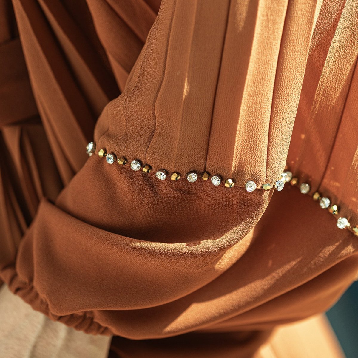 Hand - Beaded V - Neck Pleated Maxi Dress | Bubble Sleeve Crystal Embellished Gown(MS212) - Mariam's Collection