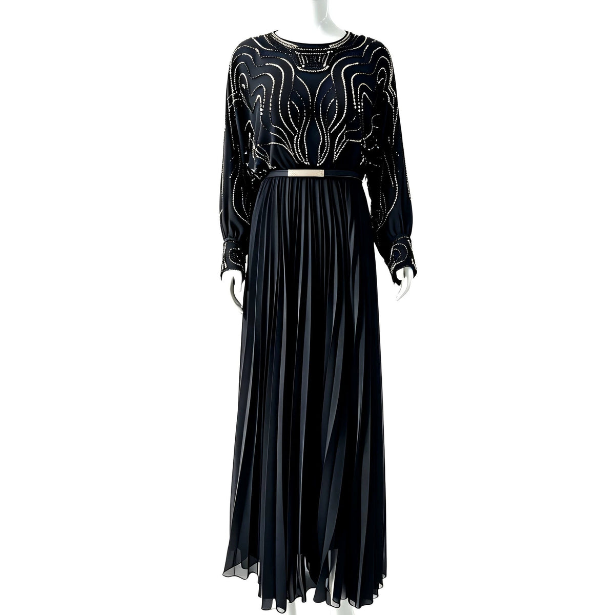 Grey colourway — understated luxury beaded batwing dress with chain belt