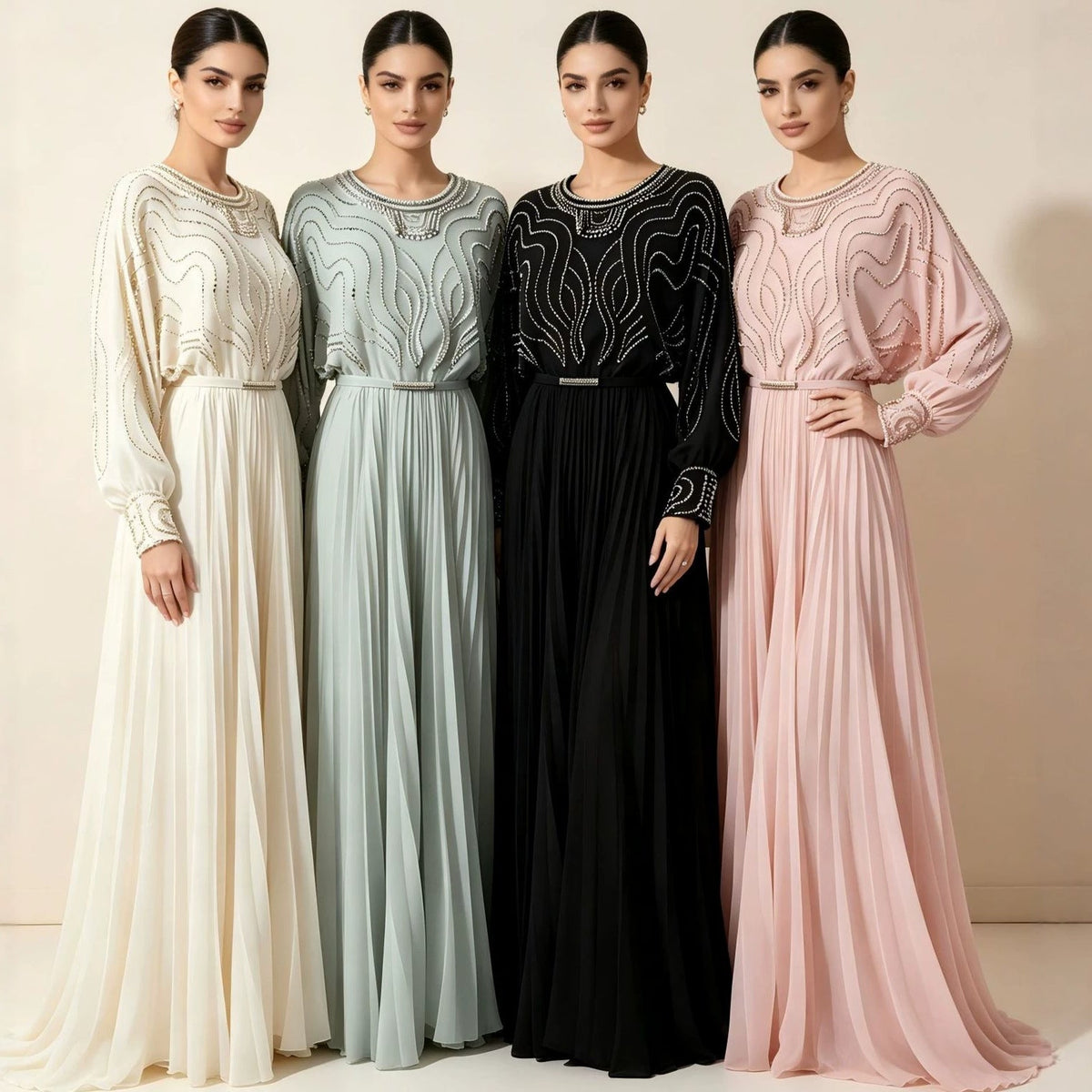 Handbeaded Pearl Crystal Batwing Maxi Dress – Luxury Occasion Dress