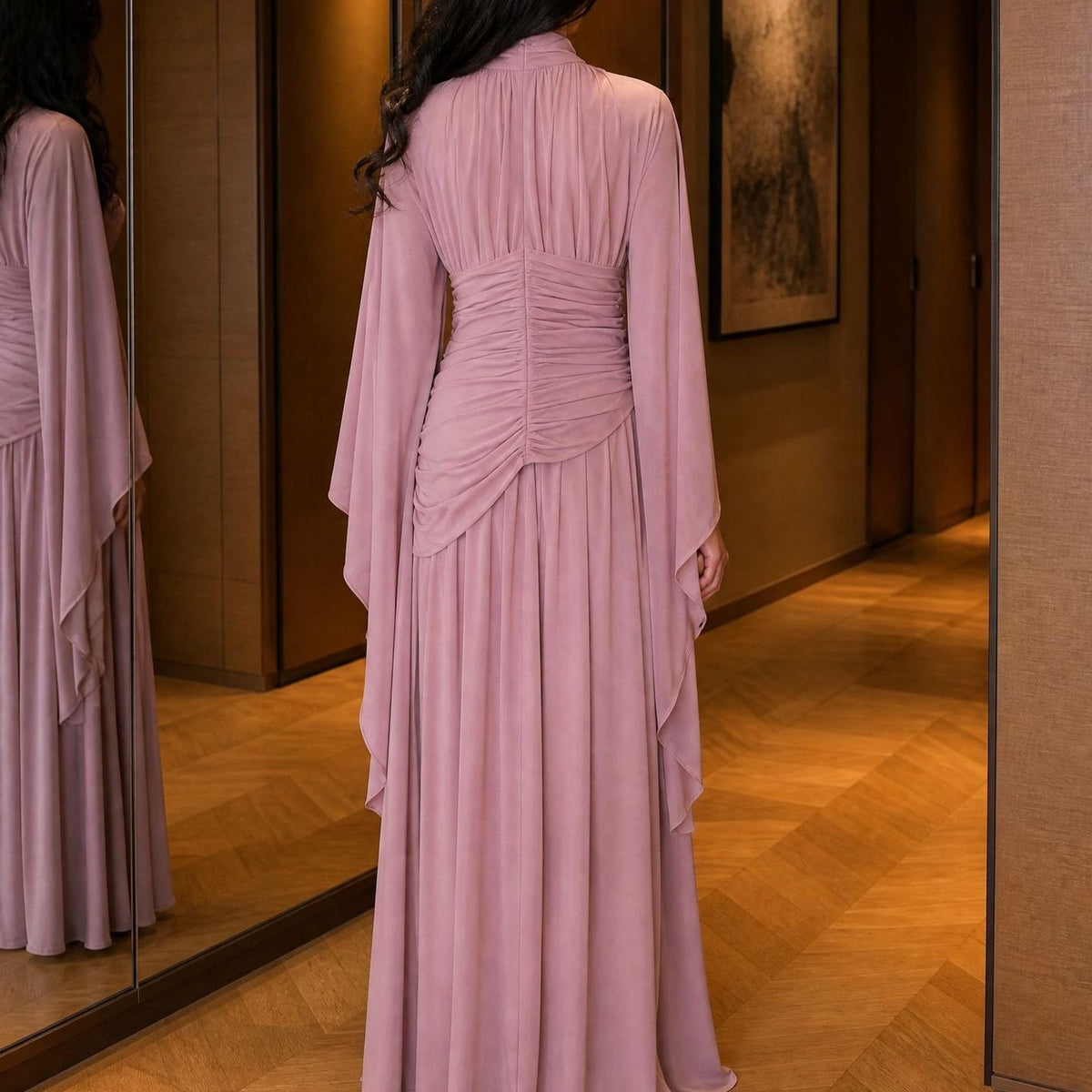 High-Neck Ruched Waist Modest Maxi Dress(MS538) - Mariam's Collection