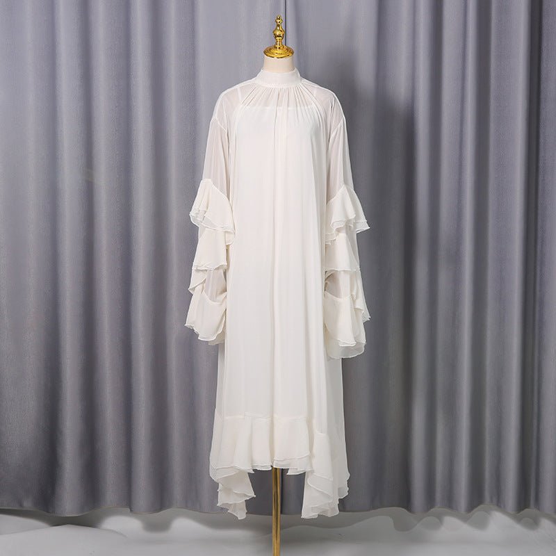 High Neck Ruffle Sleeve Dress – White Chiffon Party Dress