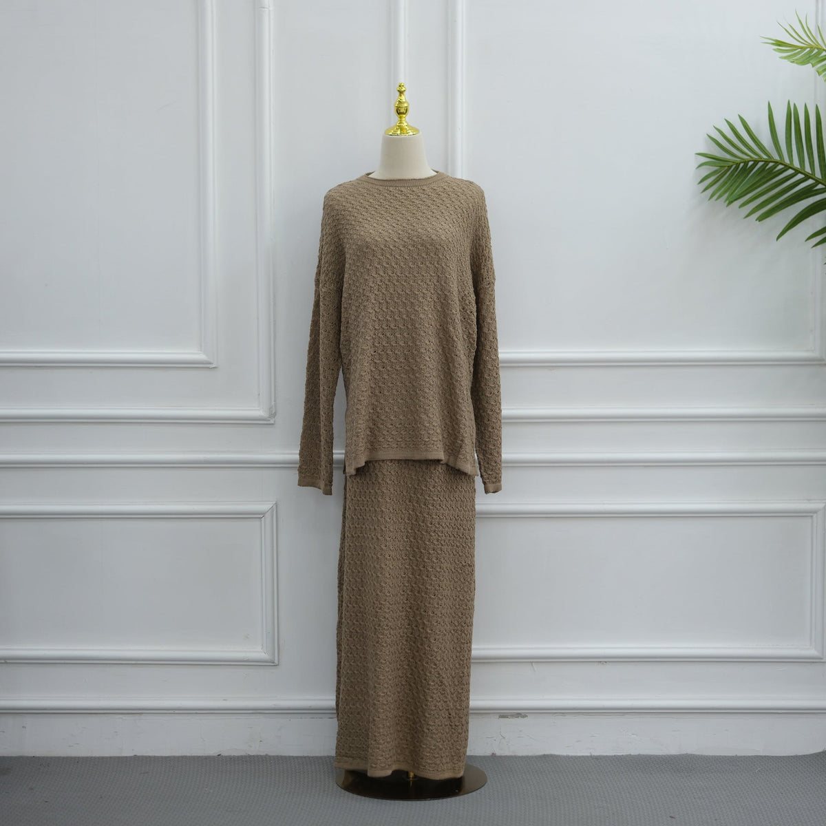 Smooth opaque inner lining visible at hem of crochet modest maxi skirt