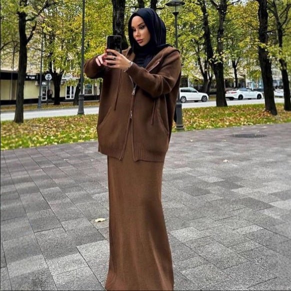 Hooded Knit Cardigan Skirt Set – Modest Knit Skirt Set