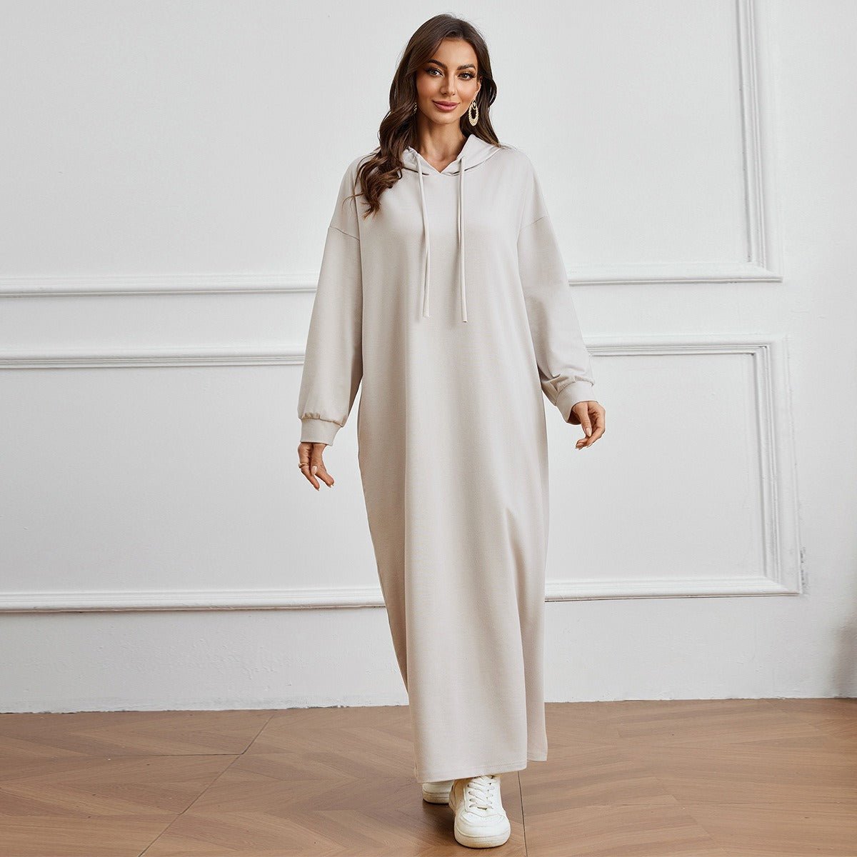 Hooded Pocket Casual Solid Color Dress Robe - Modest Long Sleeve Lounge Dress with Drawstring Hood(MA282) - Mariam's Collection