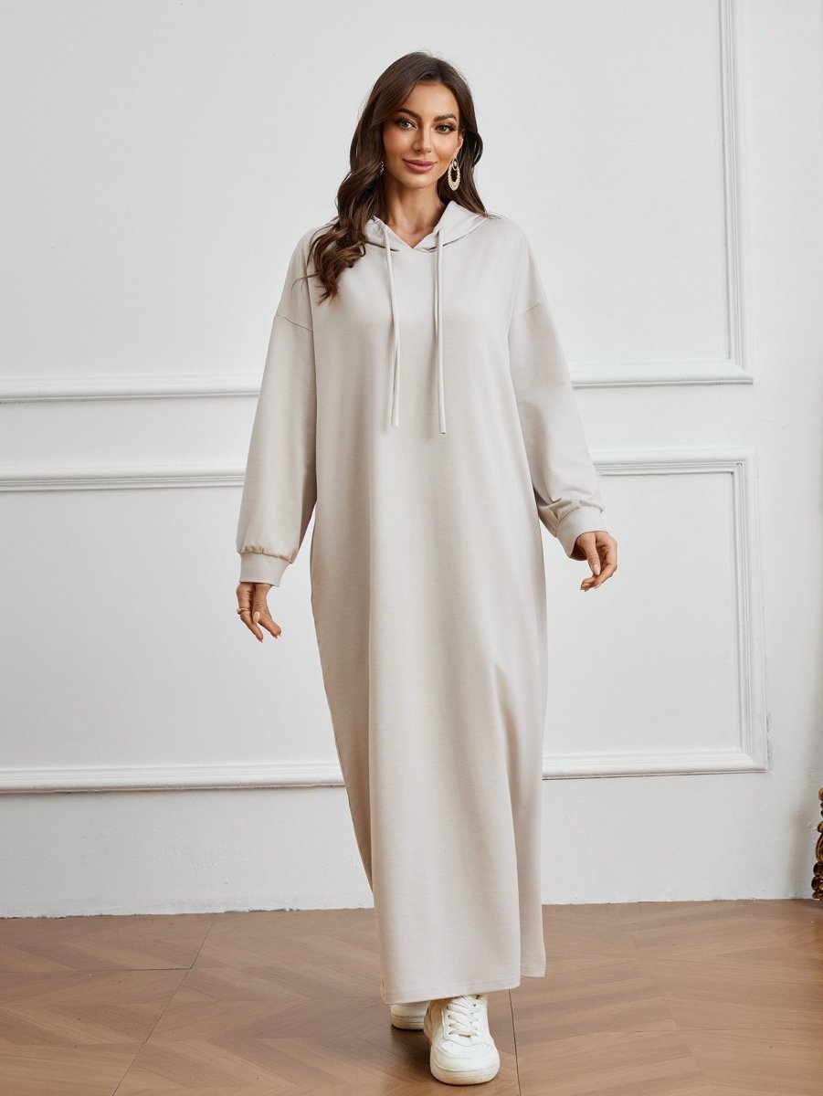 Hooded Pocket Casual Solid Color Dress Robe - Modest Long Sleeve Lounge Dress with Drawstring Hood(MA282) - Mariam's Collection