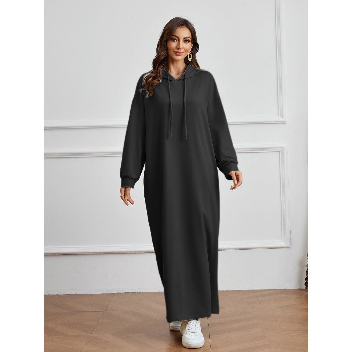 Hooded Pocket Casual Solid Color Dress Robe - Modest Long Sleeve Lounge Dress with Drawstring Hood(MA282) - Mariam's Collection
