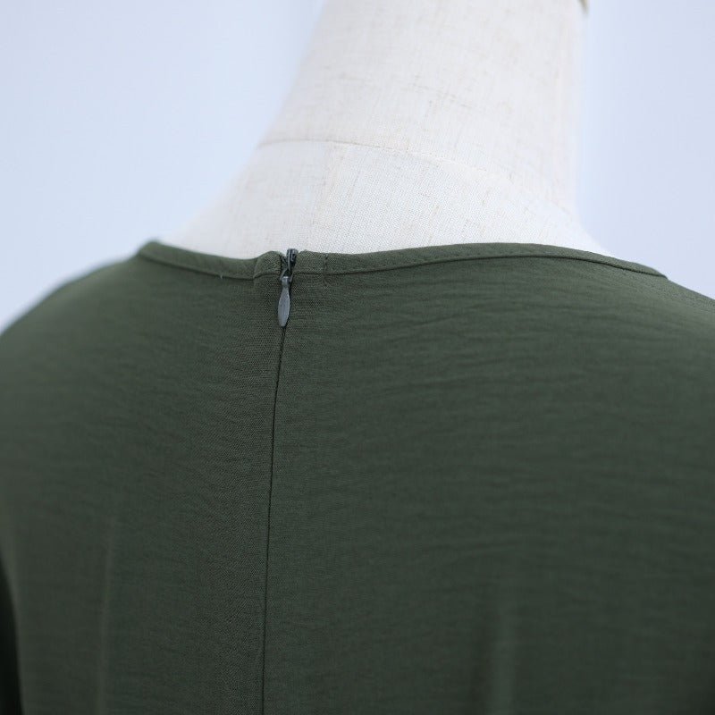 Ice Silk Crinkle Round Neck A - Line Work Dress with Decorative Button & Built - in Belt(MA308) - Mariam's Collection