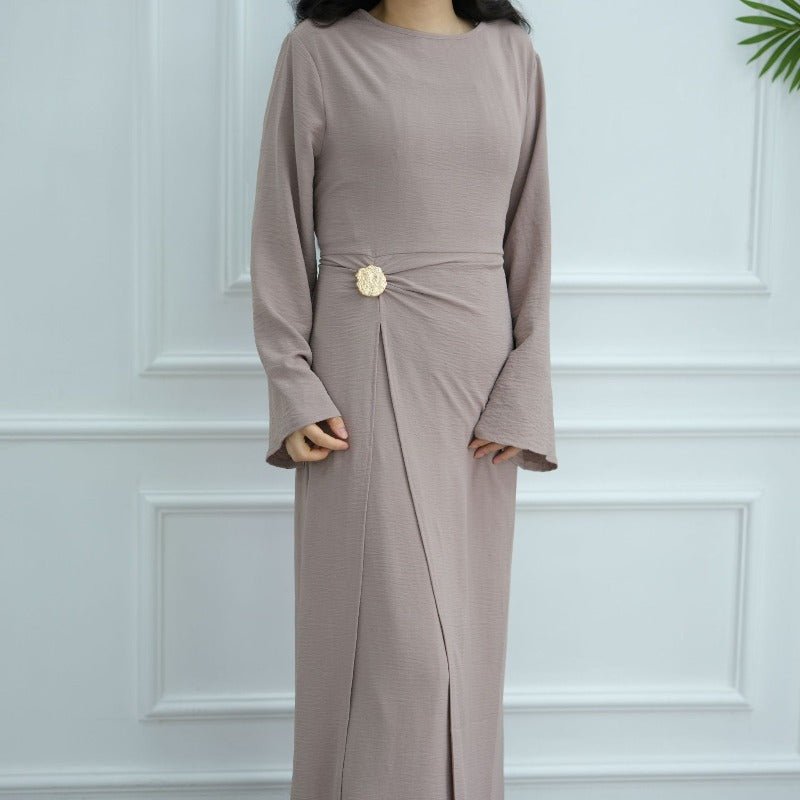Ice Silk Crinkle Round Neck A - Line Work Dress with Decorative Button & Built - in Belt(MA308) - Mariam's Collection