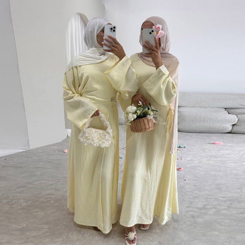 Ice Silk Crinkle Round Neck A - Line Work Dress with Decorative Button & Built - in Belt(MA308) - Mariam's Collection