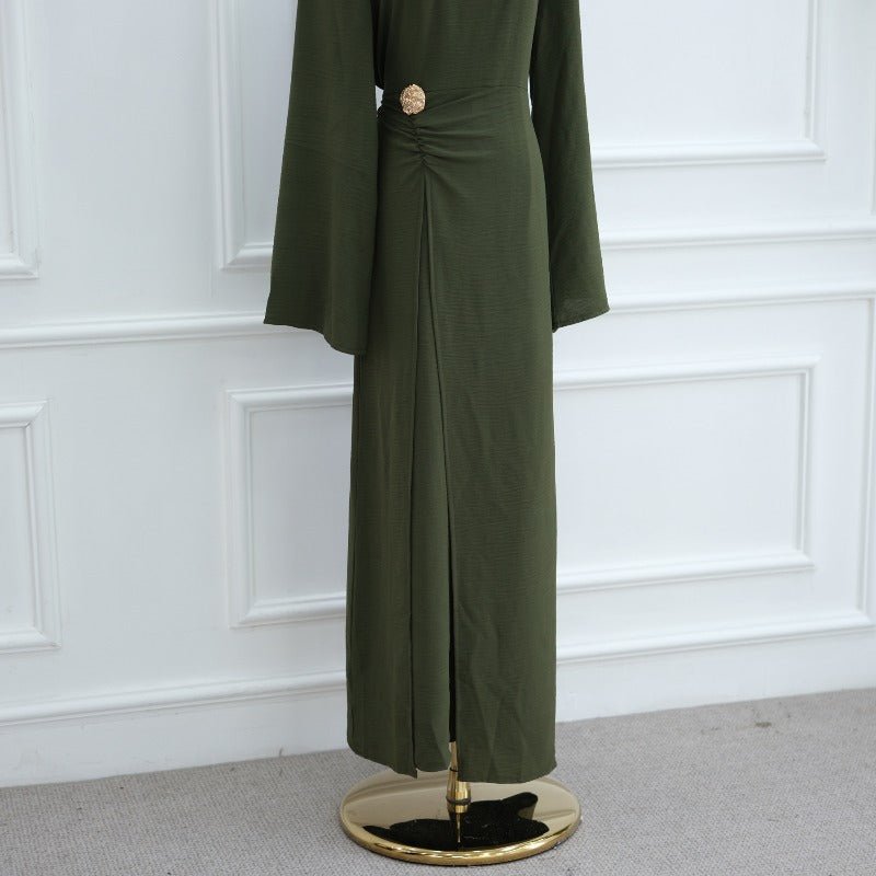 Ice Silk Crinkle Round Neck A - Line Work Dress with Decorative Button & Built - in Belt(MA308) - Mariam's Collection