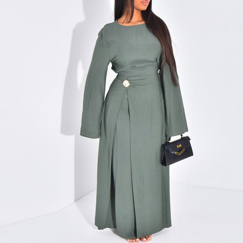 Ice Silk Crinkle Round Neck A - Line Work Dress with Decorative Button & Built - in Belt(MA308) - Mariam's Collection