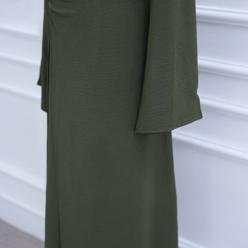 Ice Silk Crinkle Round Neck A - Line Work Dress with Decorative Button & Built - in Belt(MA308) - Mariam's Collection