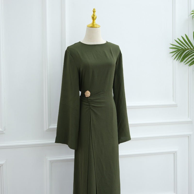 Ice Silk Crinkle Round Neck A - Line Work Dress with Decorative Button & Built - in Belt(MA308) - Mariam's Collection