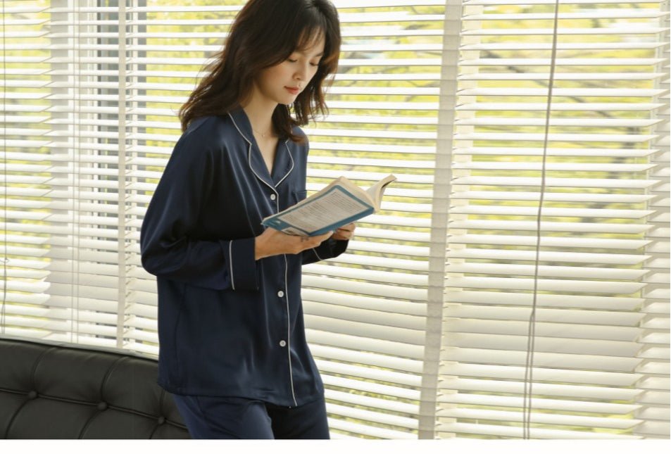 Ice Silk Women's Long Sleeve Pajama Soft & Comfortable Two - Piece Set(MS084) - Mariam's Collection