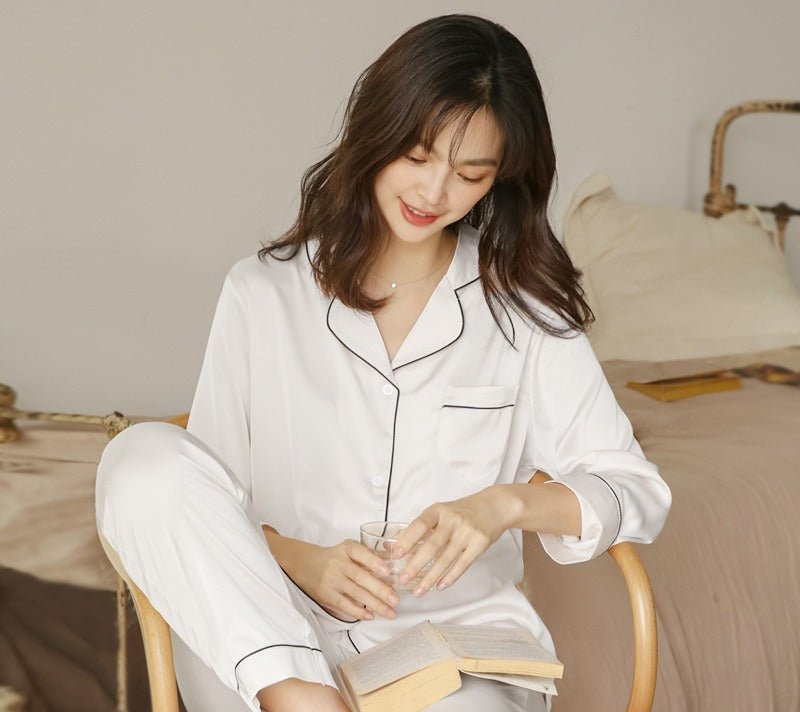 Ice Silk Women's Long Sleeve Pajama Soft & Comfortable Two - Piece Set(MS084) - Mariam's Collection