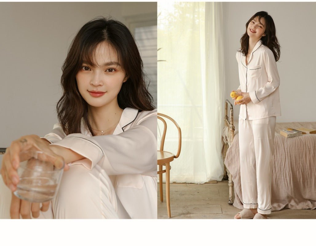 Ice Silk Women's Long Sleeve Pajama Soft & Comfortable Two - Piece Set(MS084) - Mariam's Collection