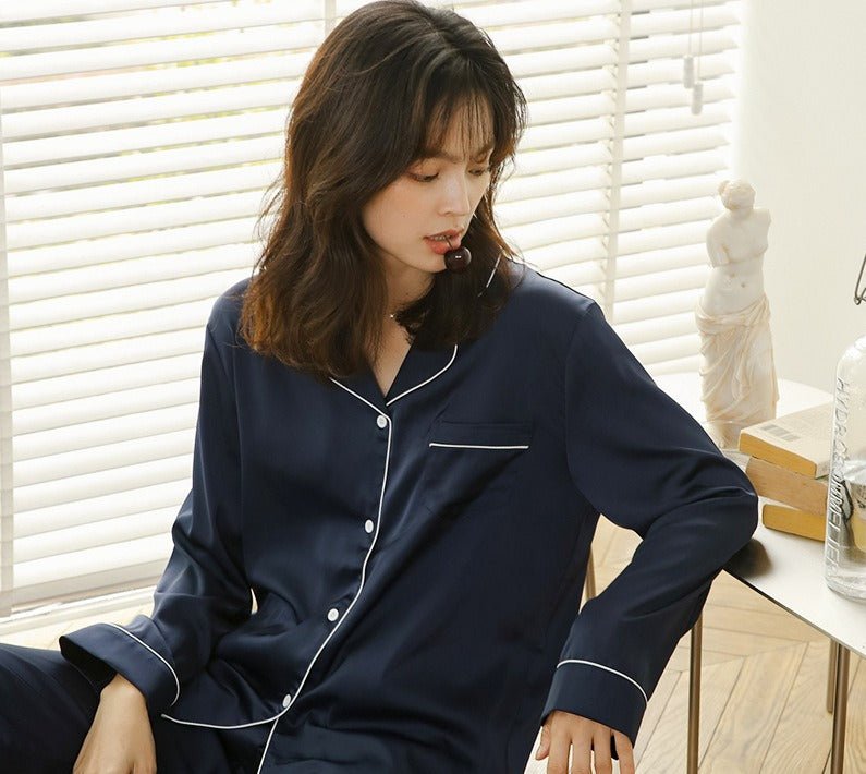 Ice Silk Women's Long Sleeve Pajama Soft & Comfortable Two - Piece Set(MS084) - Mariam's Collection