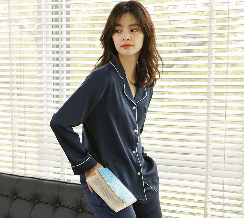 Ice Silk Women's Long Sleeve Pajama Soft & Comfortable Two - Piece Set(MS084) - Mariam's Collection