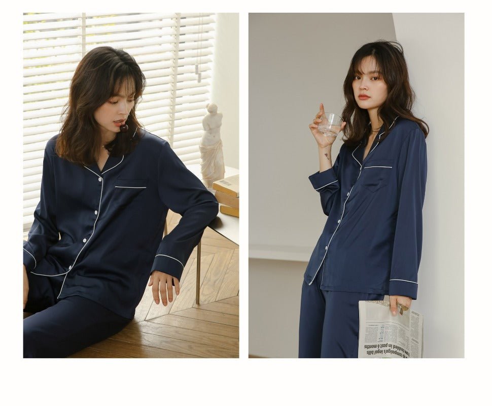 Ice Silk Women's Long Sleeve Pajama Soft & Comfortable Two - Piece Set(MS084) - Mariam's Collection